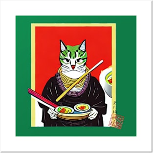 Samurai Cat Enjoying Ramen Posters and Art